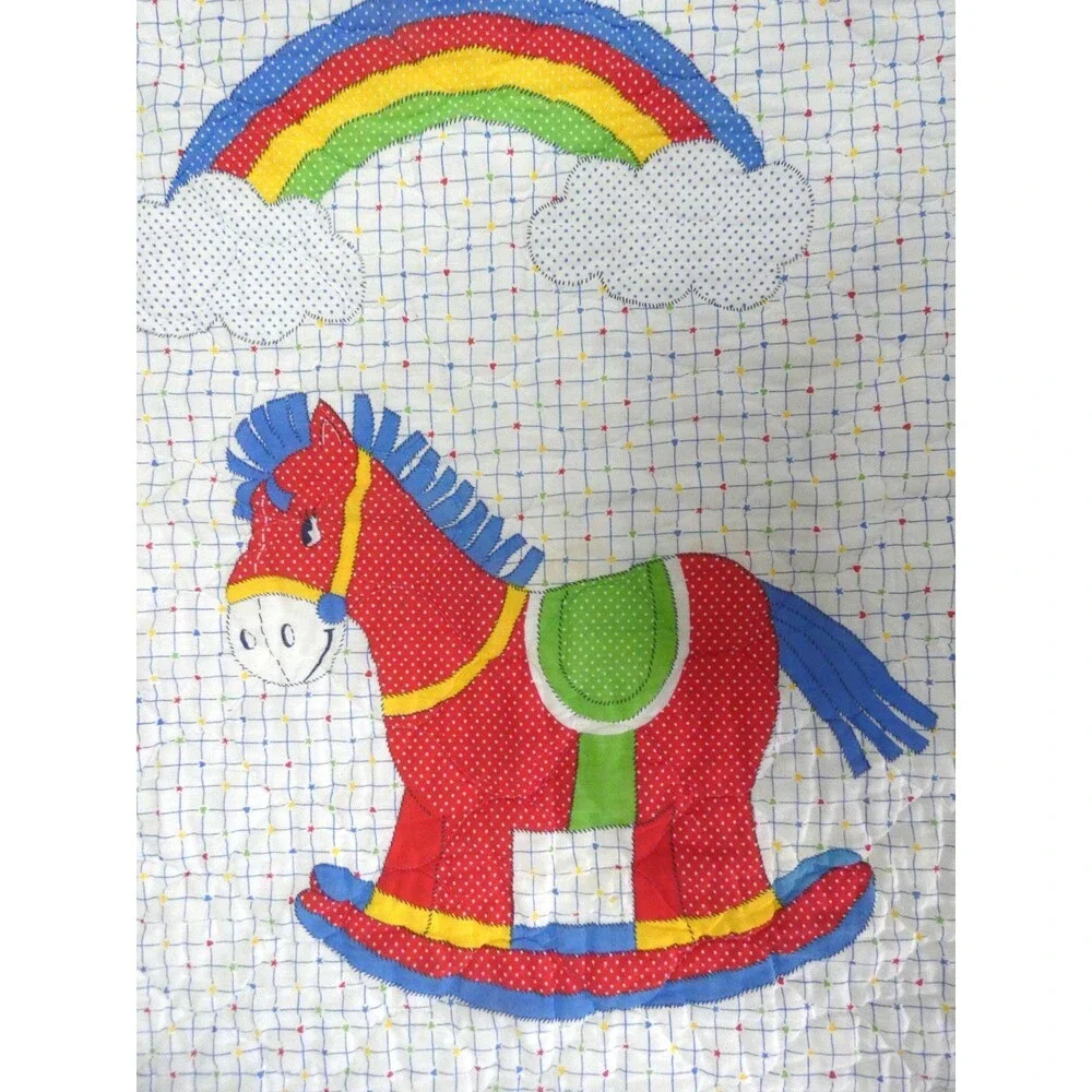 VTG Handmade Baby Blanket Quilt Nursery Rocking Horse Rainbow Ruffle 42